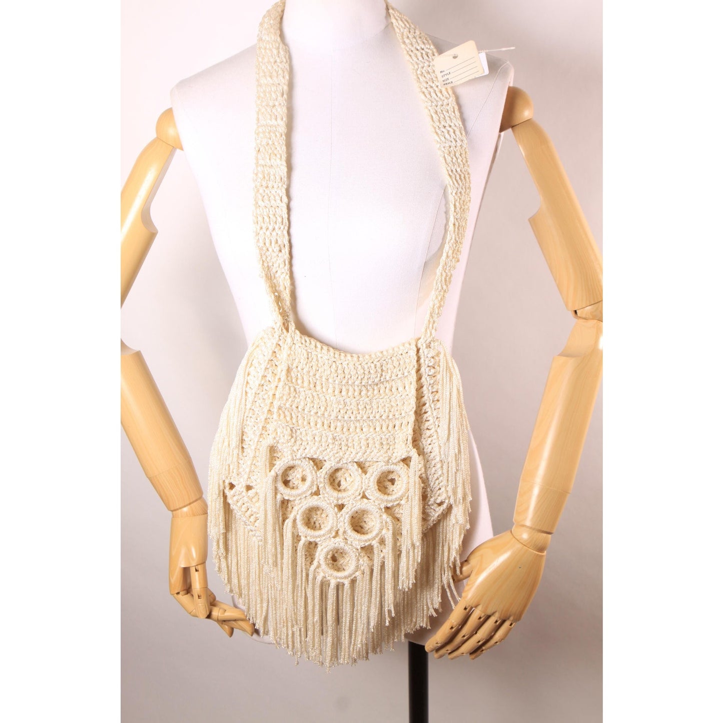 Deadstock 1970s Cream Off White Crochet Fringe Boho Hippie Shoulder Strap Purse