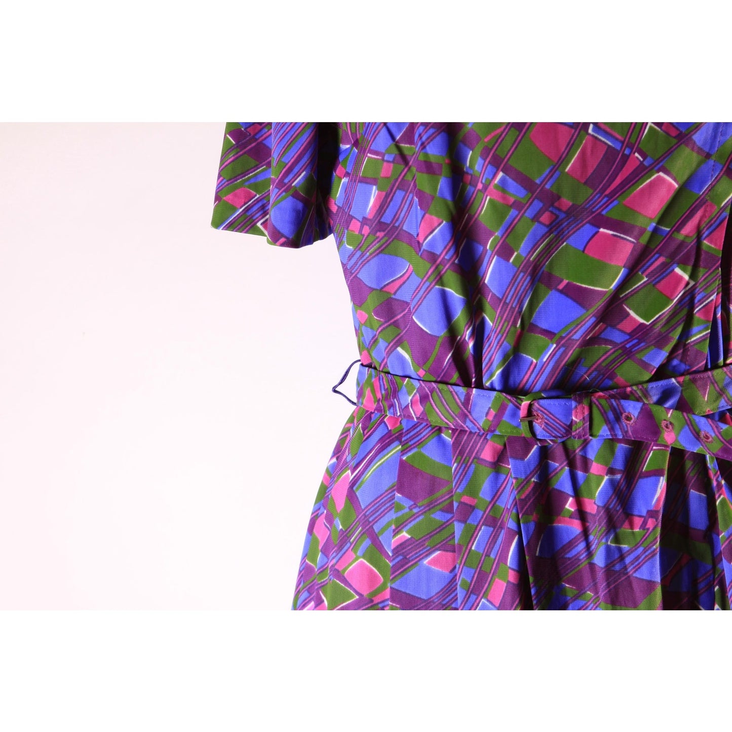 1960s Purple, Pink and Green Abstract Plaid Psychedelic Short Sleeve Belted Dress by Casualmaker -L