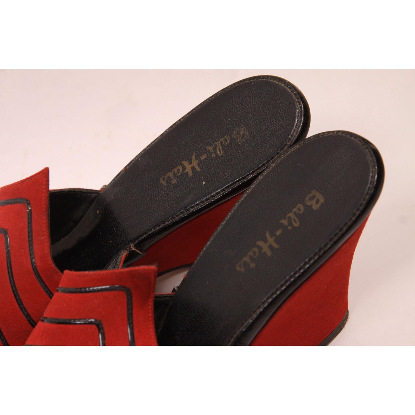 1950s Red and Black High Heel Wedge Slip On Boudoir Heels Slippers by Bali-Hais
