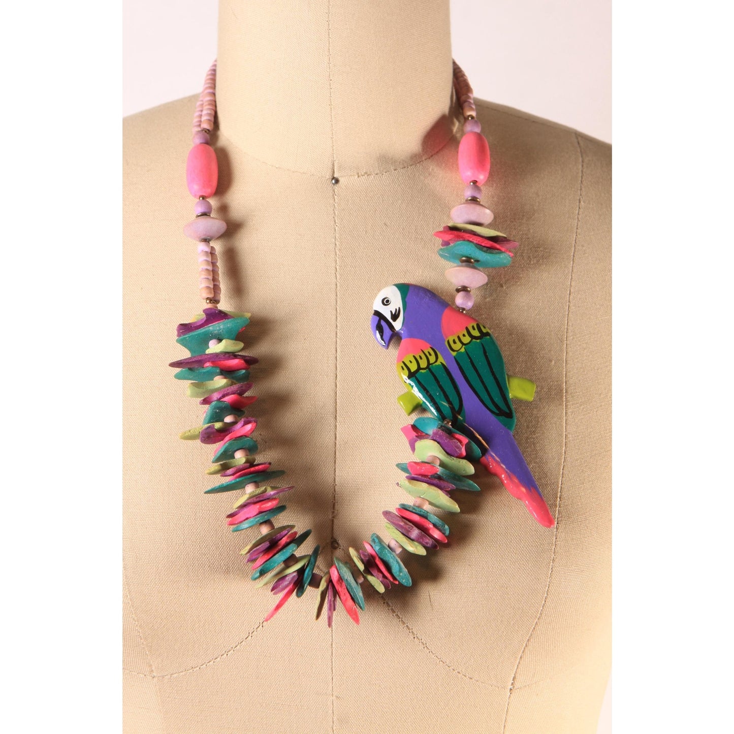1980s Novelty Multi-Colored Wood Carved Beaded Parrot Necklace