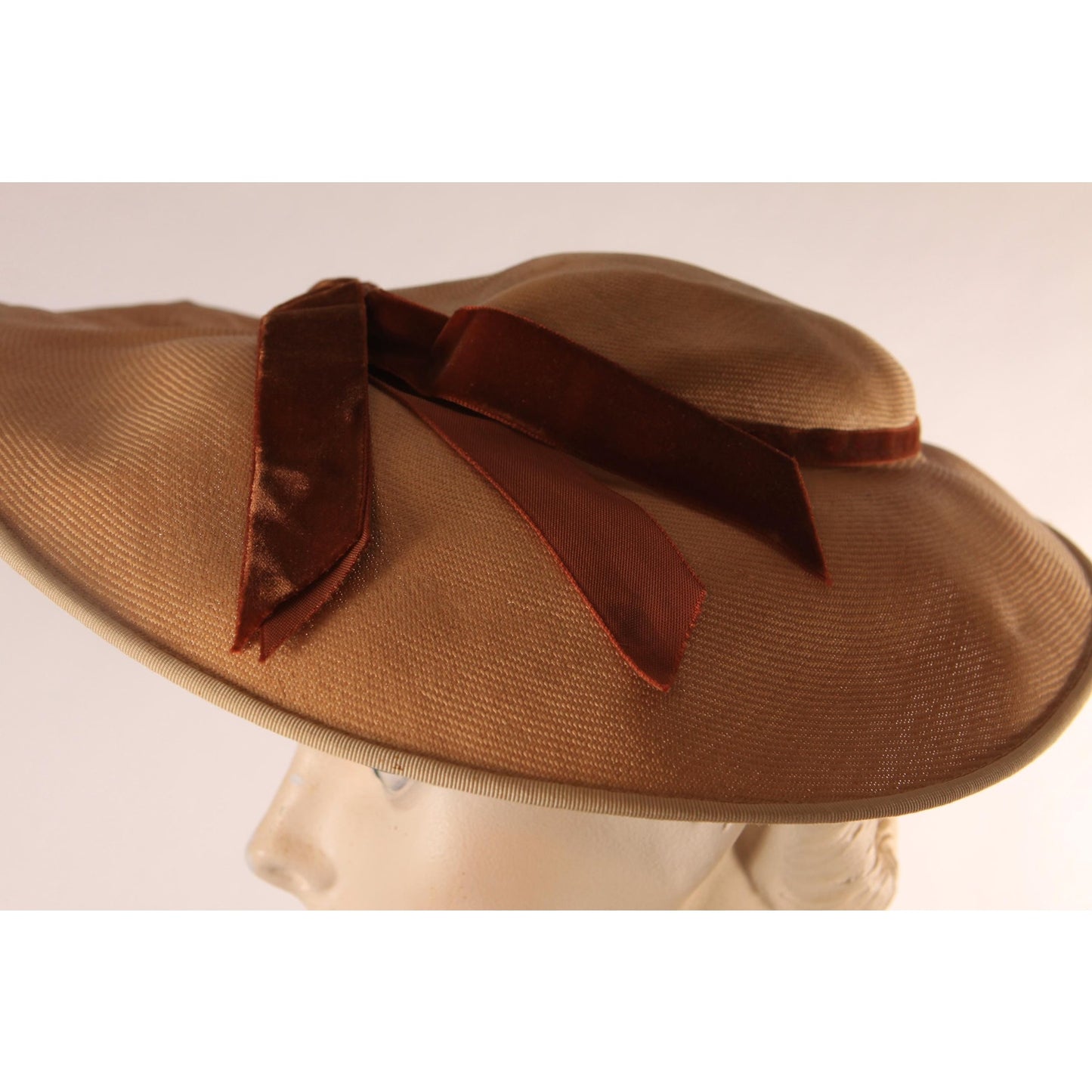 1940s Tan Straw Hat with Brown Velvet Bow Formal Wide Brim Sun Hat by Lady Beatrice Model
