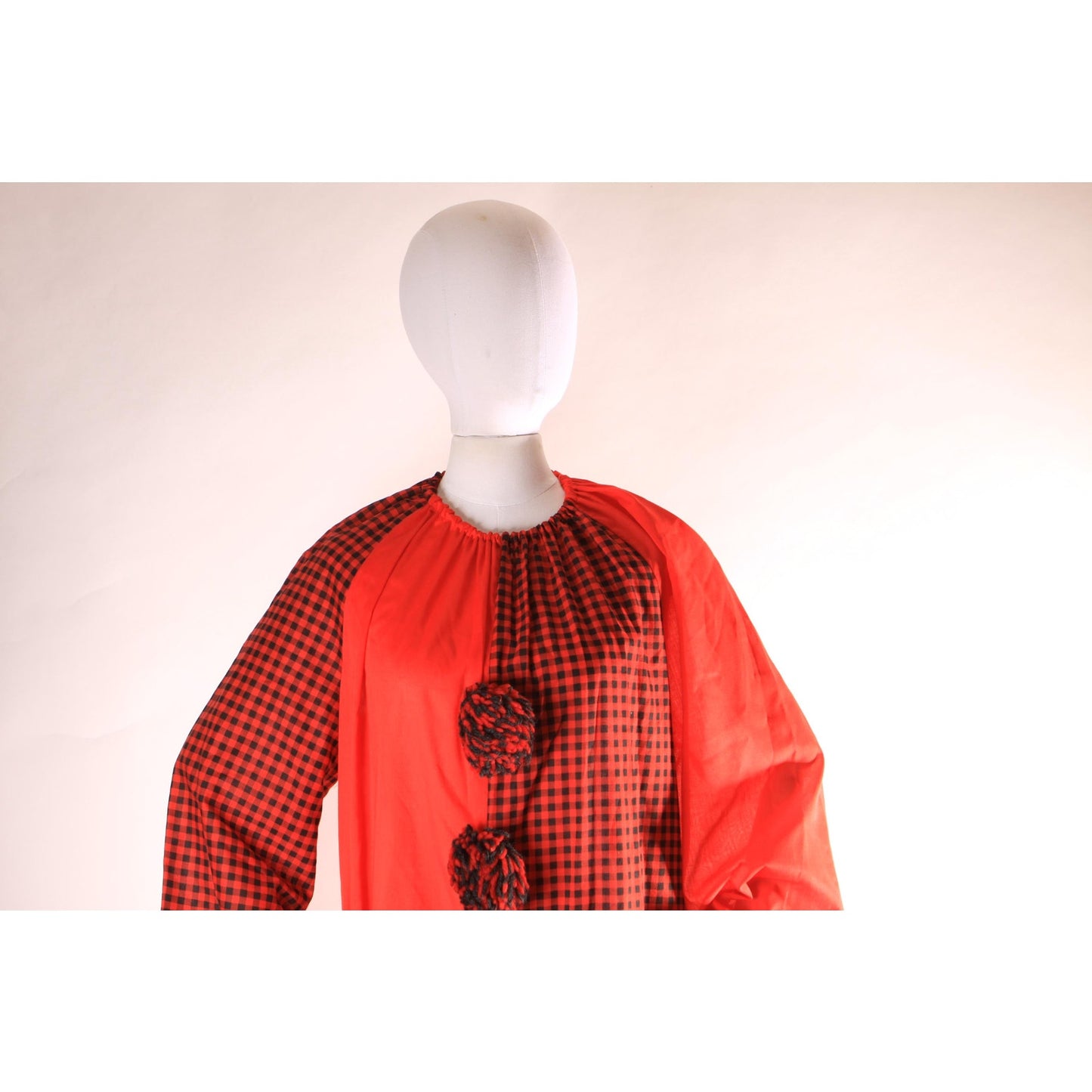 1970s Red and Black Plaid One Piece Pom Pom Halloween Clown Costume