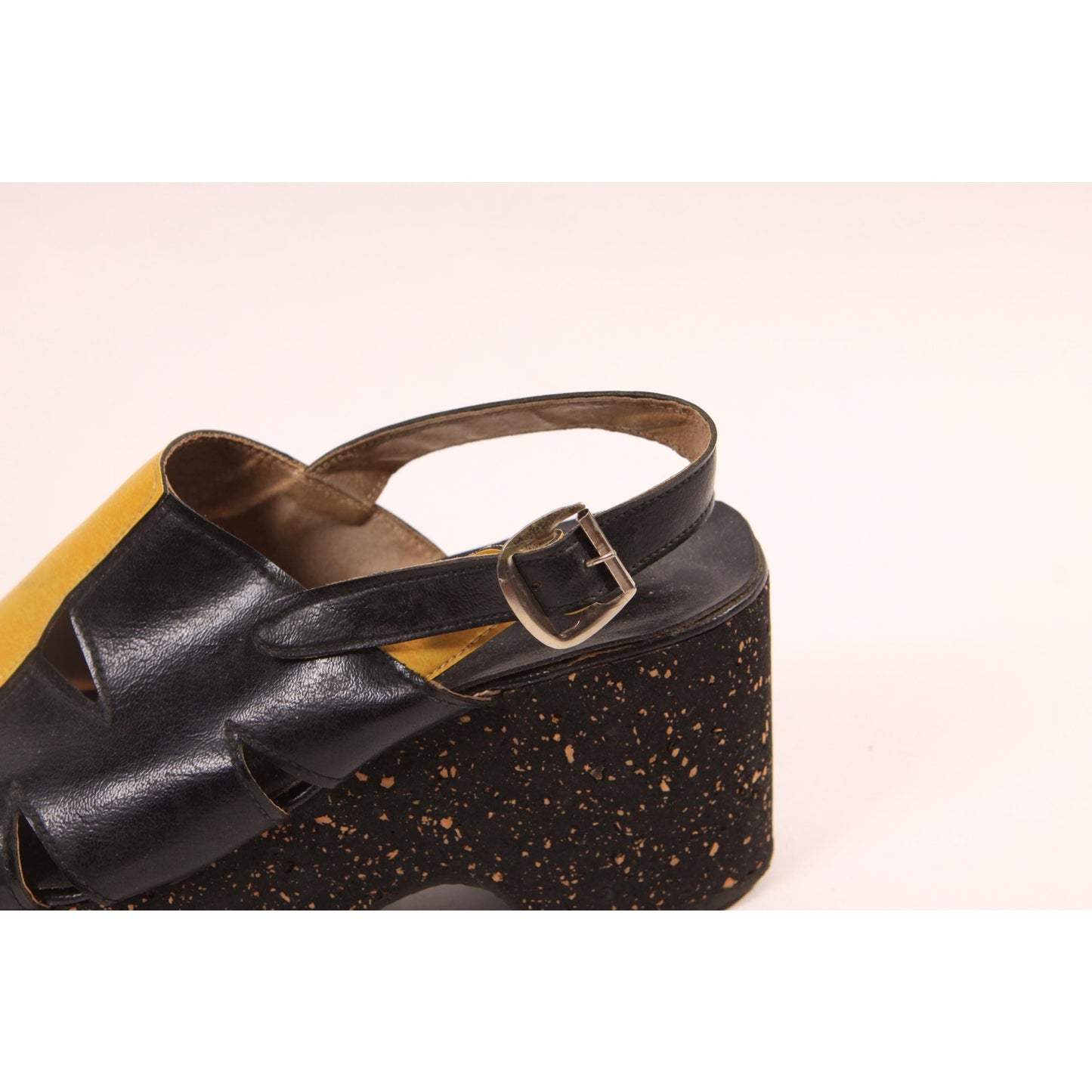 Late 1970s Early 1980s Black and Yellow Splatter Paint Platform High Heel Sandals