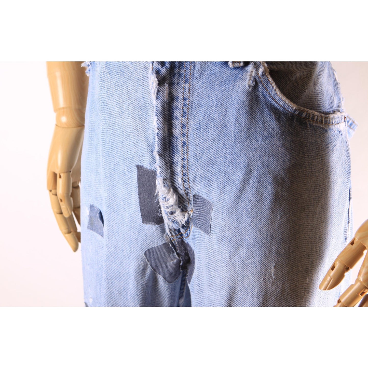 1980s Distressed Patch Fraying Blue Denim Orange Tab 517 Jeans by Levi's -38x30