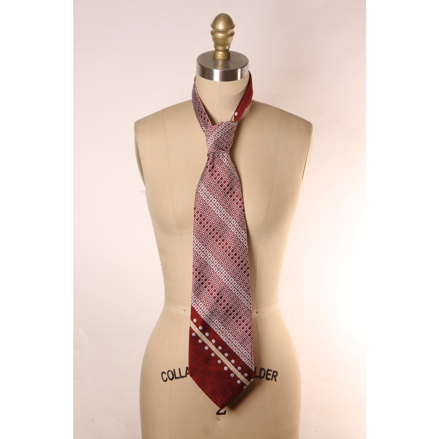 1970s Deadstock Burgundy, Tan and White Polyester Patterned Wide Necktie Tie by Mr. John & Marx