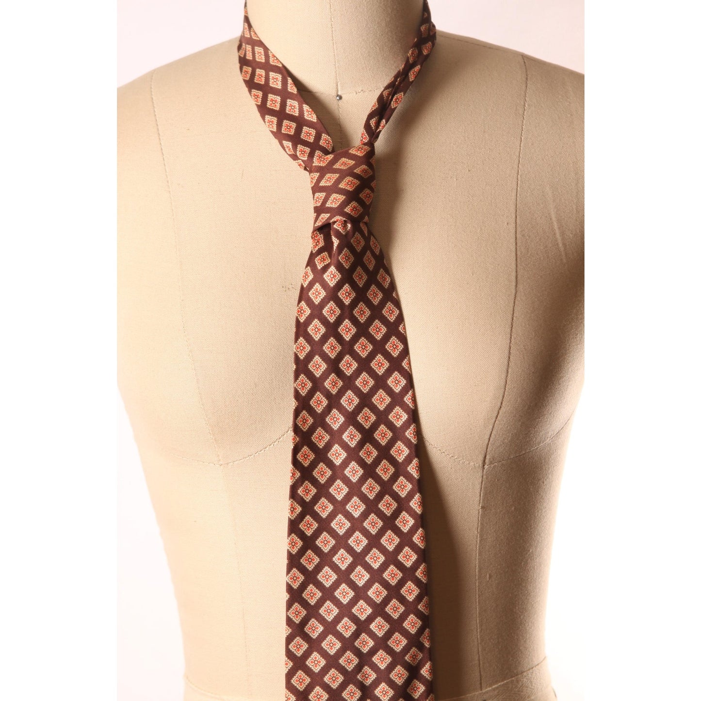 1950s Brown, White and Red Floral Print Necktie Tie by Haband