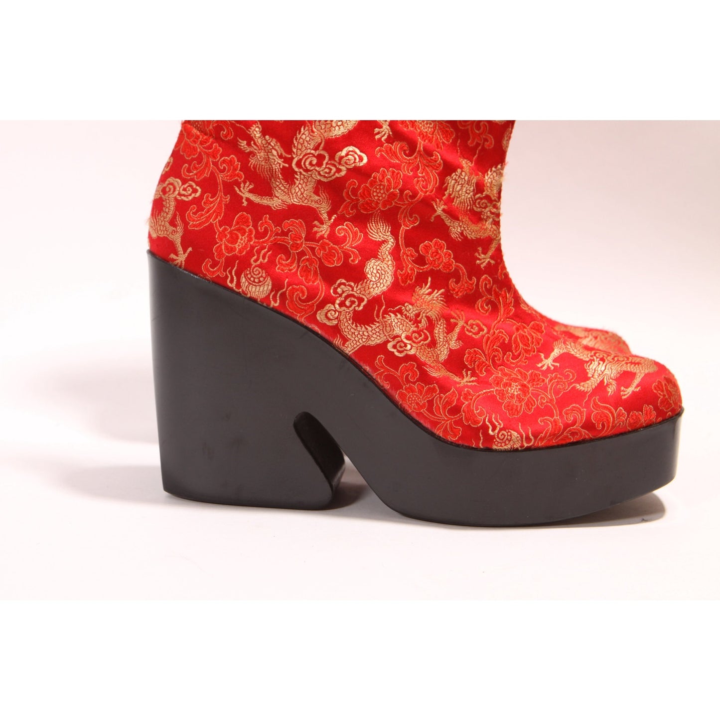 1990s Red, Gold and Black Satin Chinese Dragon Funky Platform High Heel Boots by Scibba -9M
