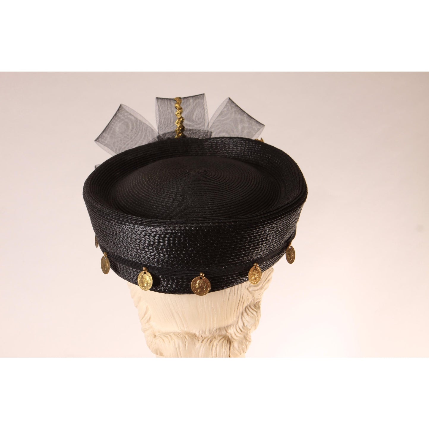 1980s Black and Gold Novelty Coin Avant Garde Pillbox Hat by Ethel Cross