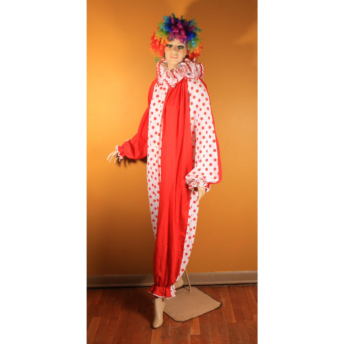 1960s 1970s Red and White Polka Dot Ruffle Collar One Piece Clown Costume