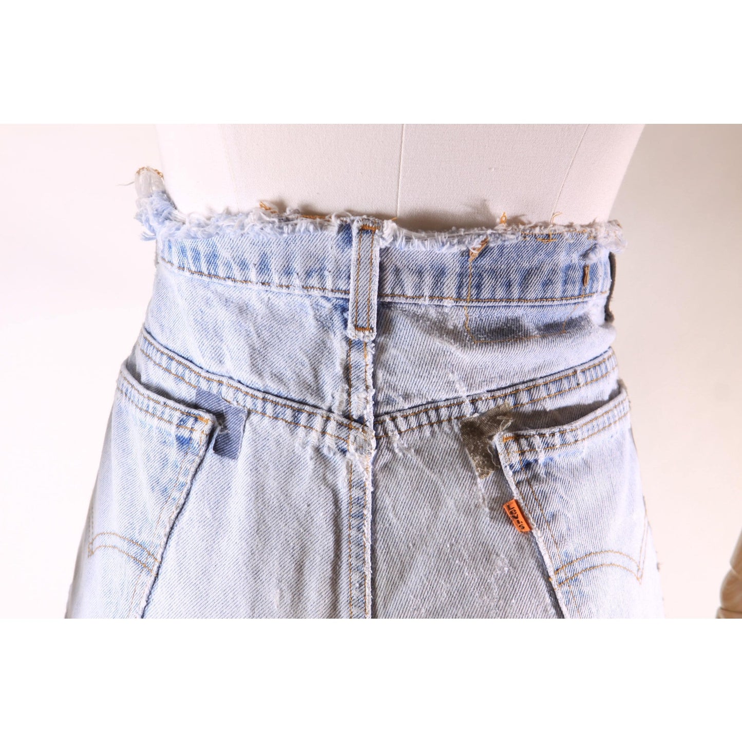 1980s Distressed Patch Fraying Blue Denim Orange Tab 517 Jeans by Levi's -38x29