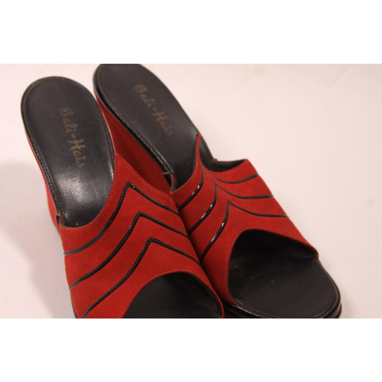 1950s Red and Black High Heel Wedge Slip On Boudoir Heels Slippers by Bali-Hais