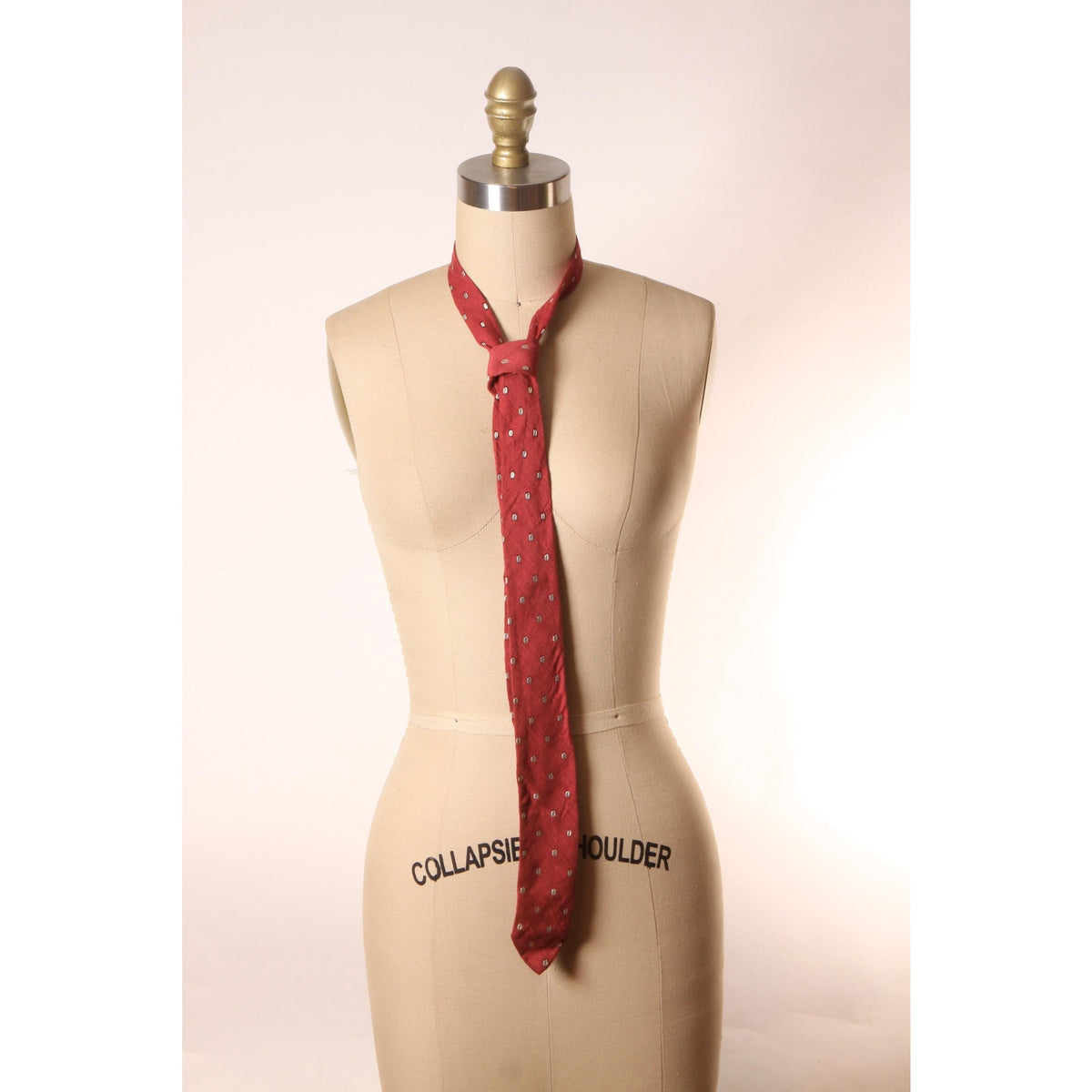1950s Dark Red and White Coffee Bean Shape Polka Dot Print Skinny Necktie Tie by Beau Brummell
