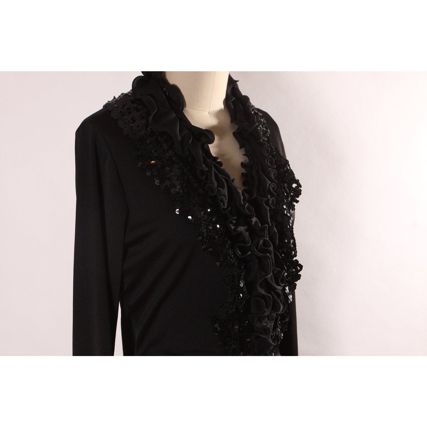 1970s Black Long Sleeve Ruffle Collar Sequin Detail Full Length Middle Slit Dress by Lynn Stevens -L