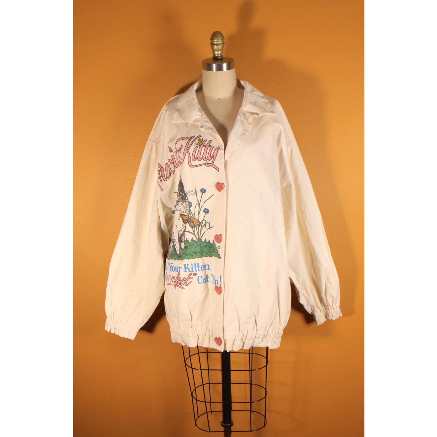 Deadstock 1980s Cream Off White Novelty Precious Kitty Heart Button Down Flour Feed Sack Jacket