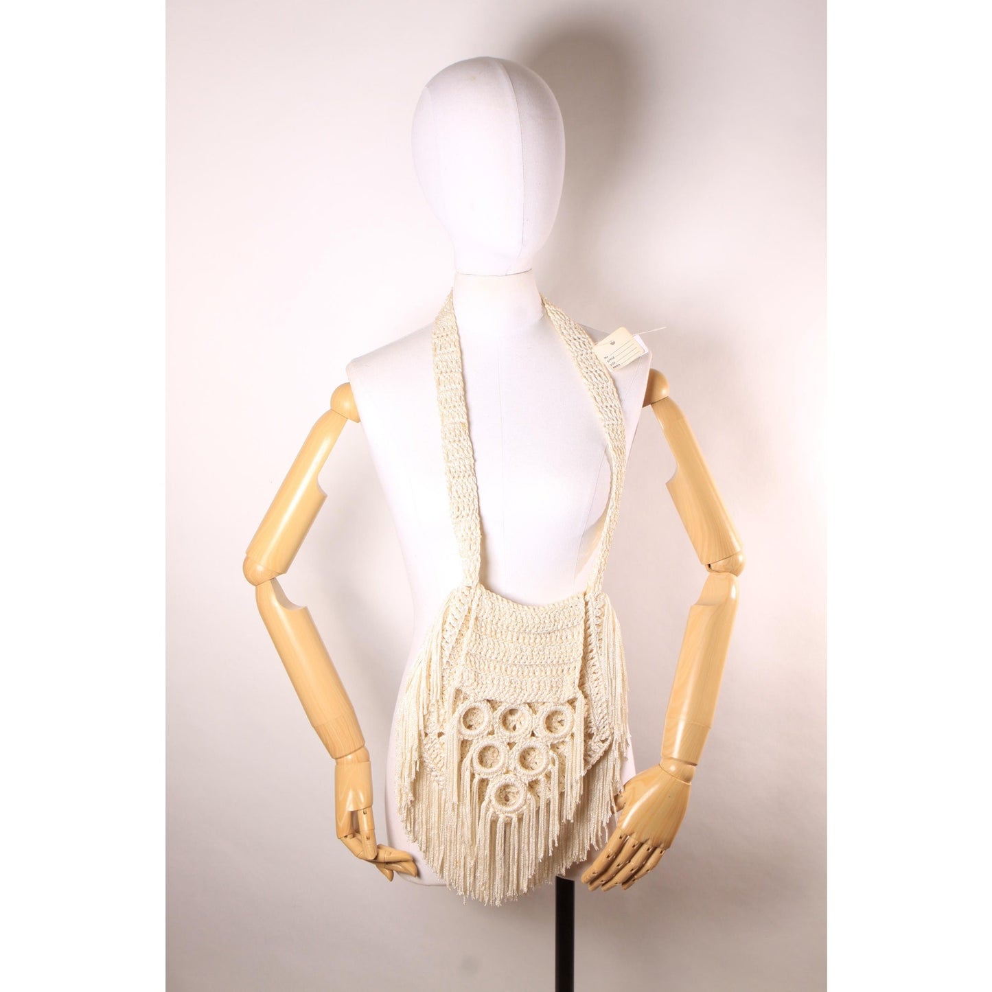 Deadstock 1970s Cream Off White Crochet Fringe Boho Hippie Shoulder Strap Purse