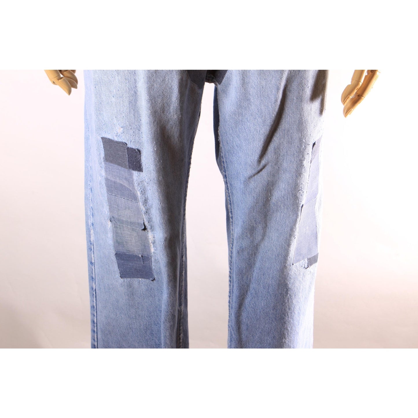 1980s Distressed Patch Fraying Blue Denim Orange Tab 517 Jeans by Levi's -38x30