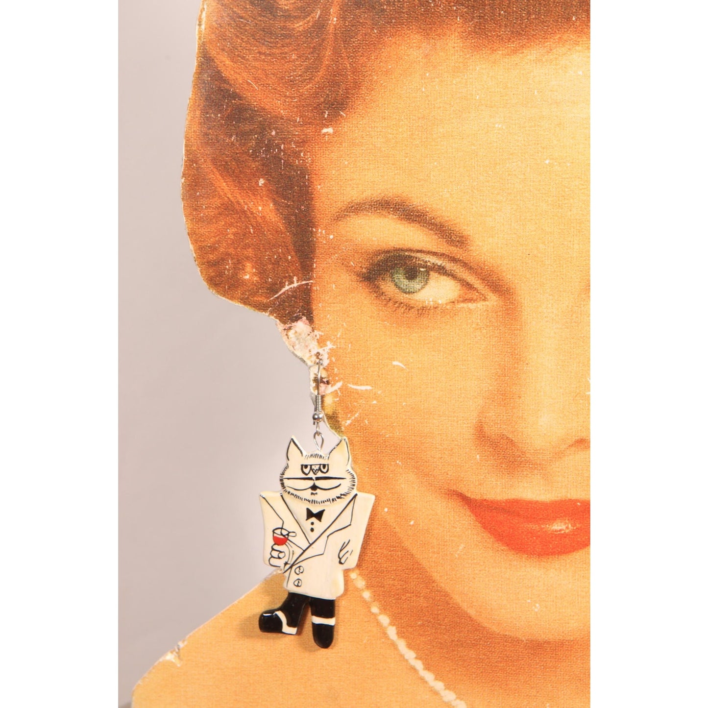 1980s Novelty Painted Wood Cat in a Tuxedo Dangling Pierced Earrings