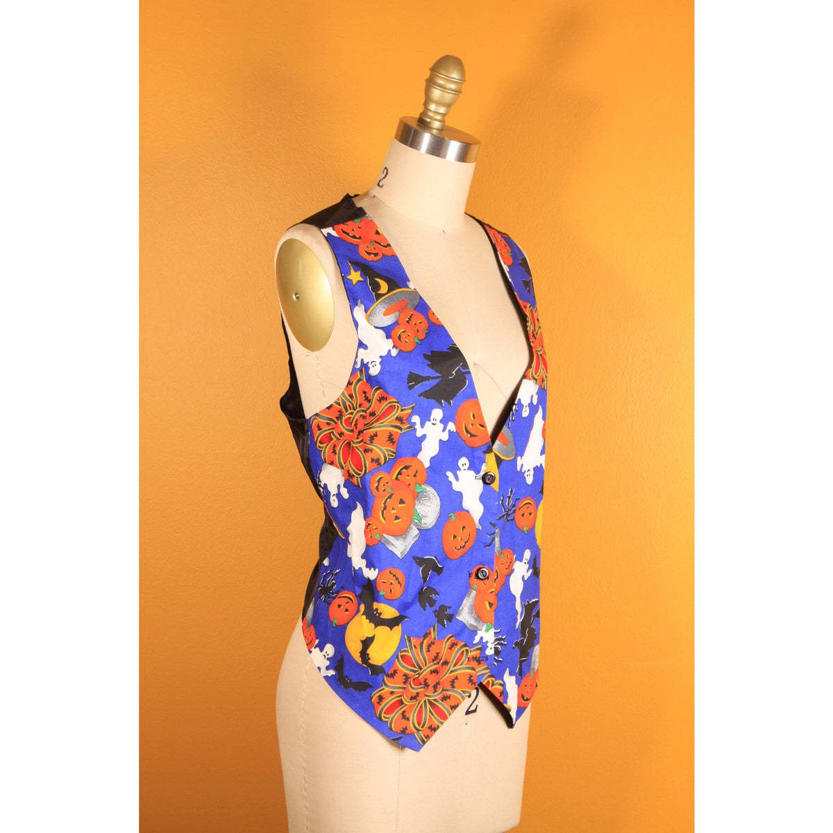 1980s 1990s Blue, Black and Orange Novelty Ghost, Jack-o-Lanterns and Bats Halloween Vest by Ceci -S-M