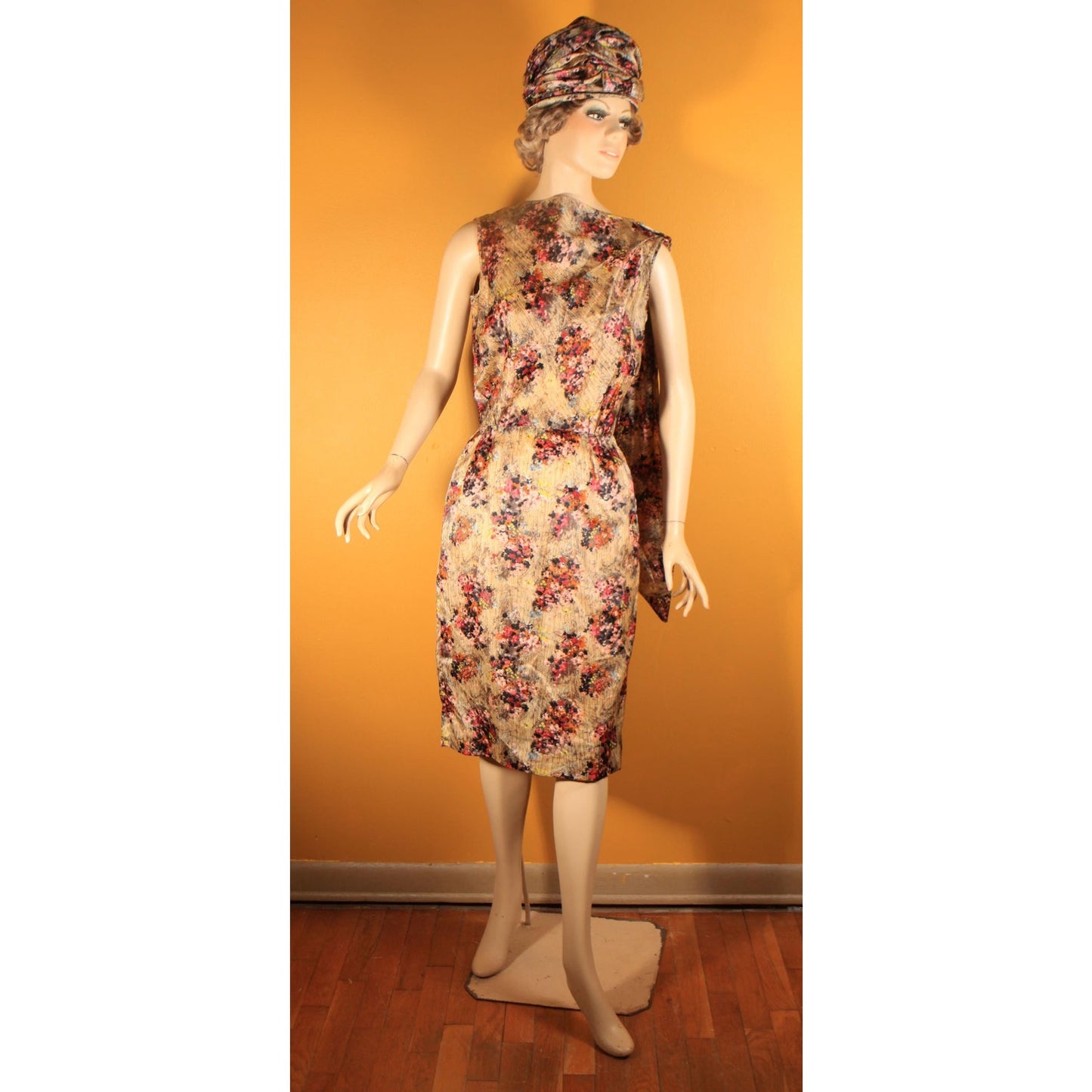 1950s Gray and Purple Floral Waterfall Sash Wiggle Dress with Matching Jacket and Hat Three Piece Outfit by Letizia Fuhr -S