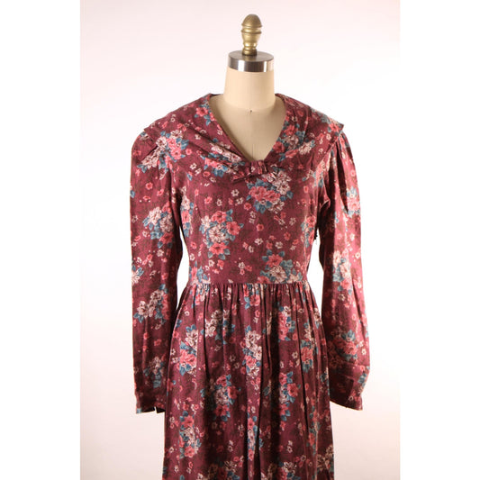 1980s Burgundy, Pink and Green Floral Sailor Collar Long Sleeve Dress by Laura Ashley-L