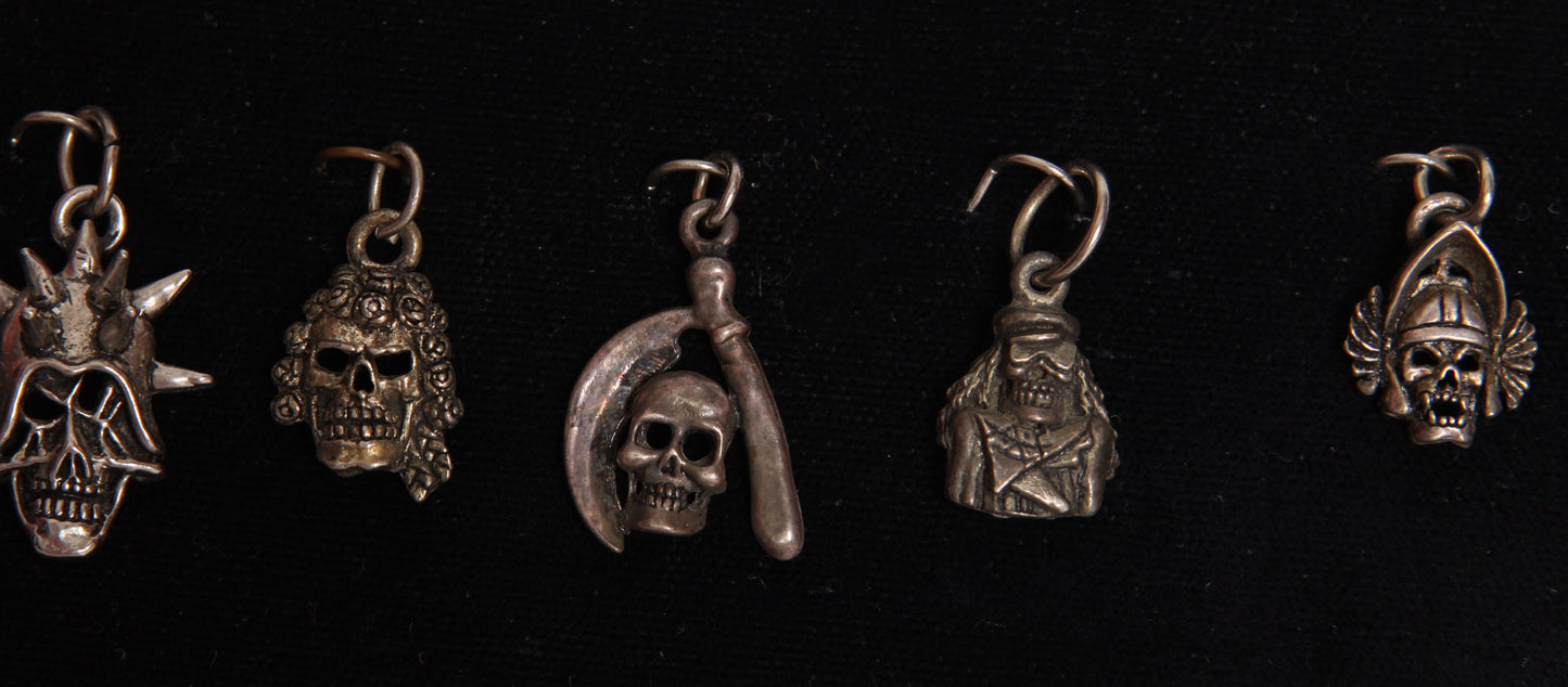 Deadstock 1980s Novelty Motorcycle Biker Pewter Skulls and Skeleton Hand Pendants