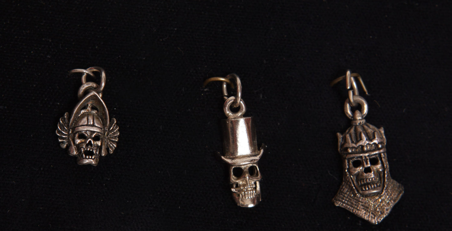 Deadstock 1980s Novelty Motorcycle Biker Pewter Skulls and Skeleton Hand Pendants