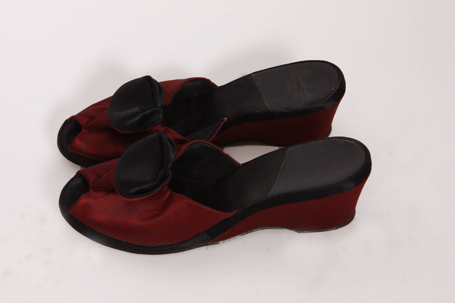 1940s Red and Black Striped Open Toe Peep Toe Boudoir Bed Slippers -Size 7 1/2