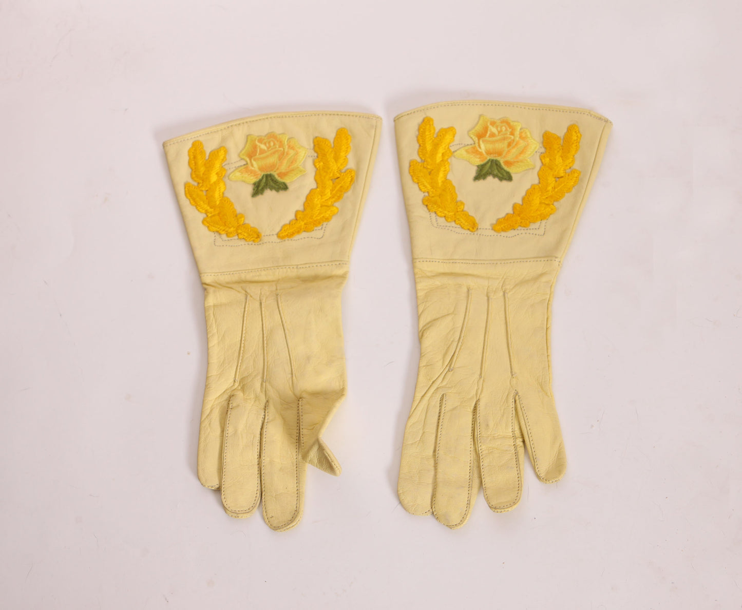 1970s Cream and Yellow Leather Below the Wrist Yellow Rose Embroidered Western Cowgirl Gloves