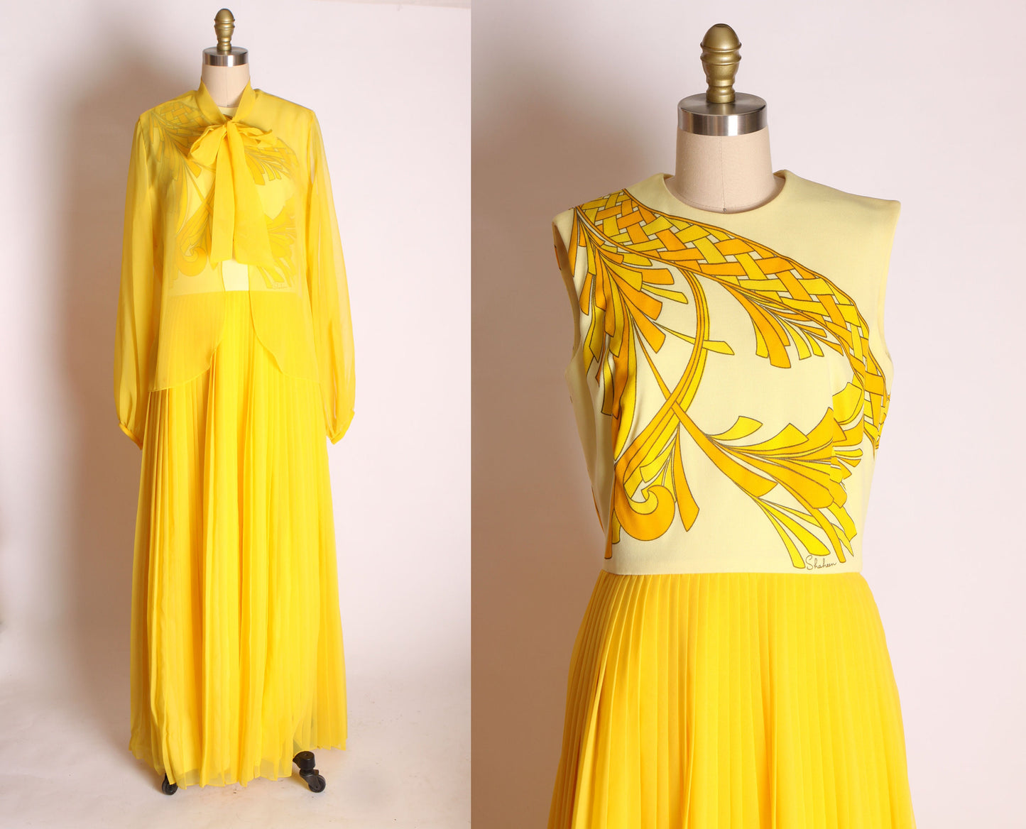 1960s 1970s Yellow Polyester and Chiffon Accordion Pleated Full Length Sleeveless Dress with Matching Sheer Chiffon Jacket by Alfred Shaheen