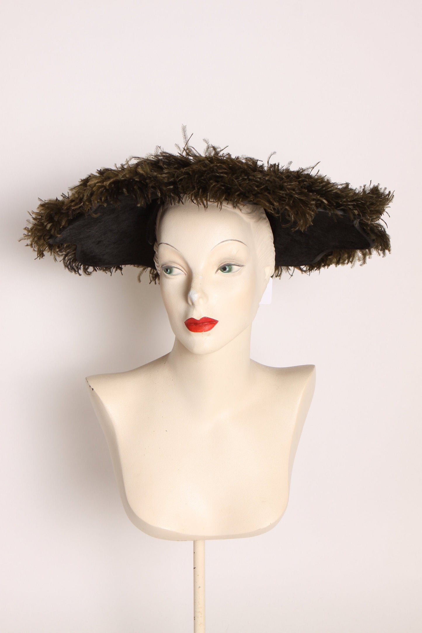 1930s Black Feather Wide Brim Mourning Formal Hat by Frost Bros