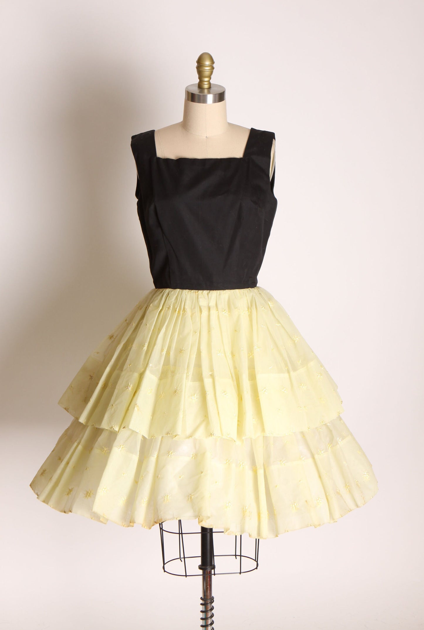 1950s Black Cotton Sleeveless Bodice Sheer Cream Yellow Tiered Ruffle Dress -S