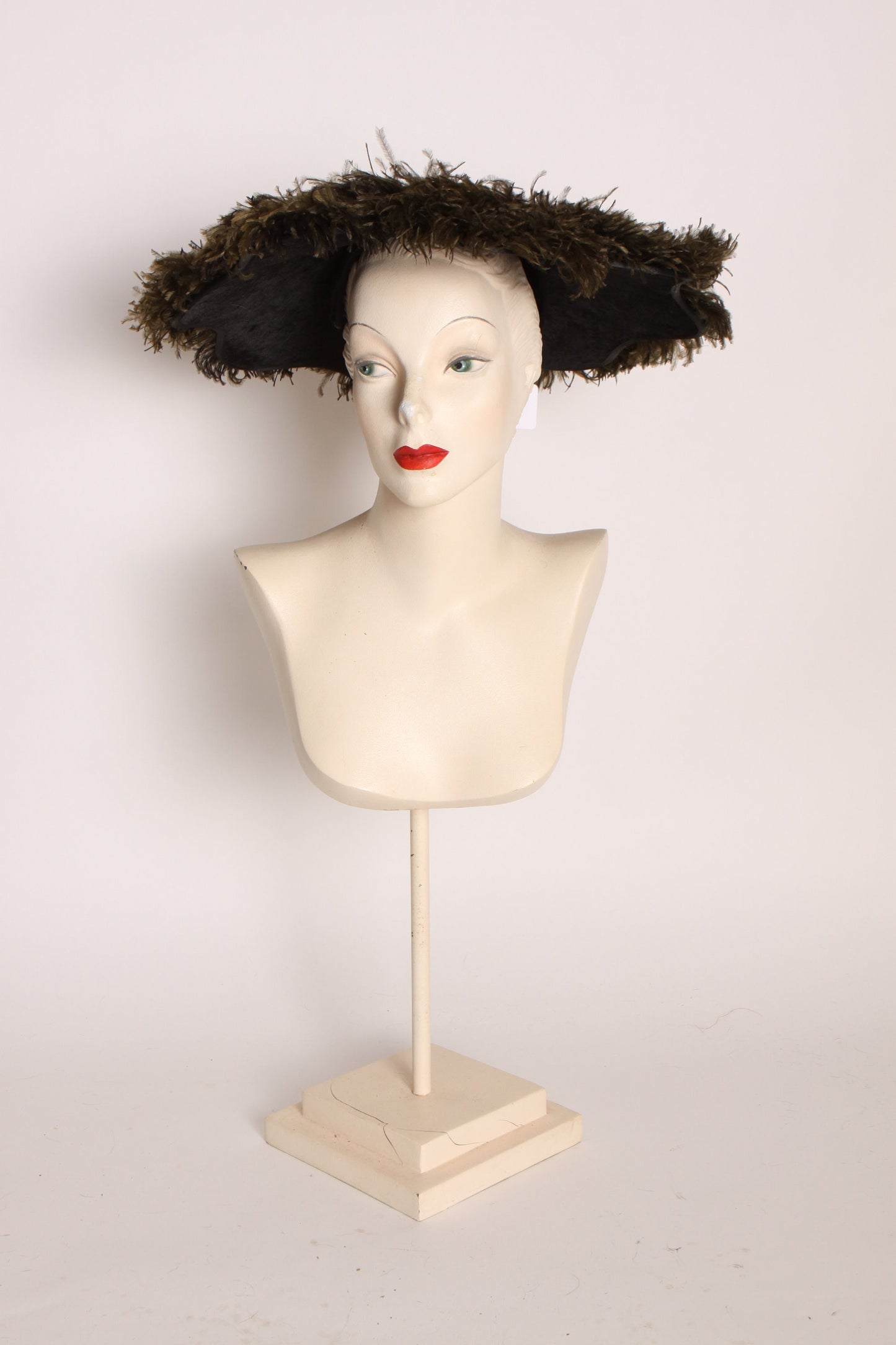 1930s Black Feather Wide Brim Mourning Formal Hat by Frost Bros