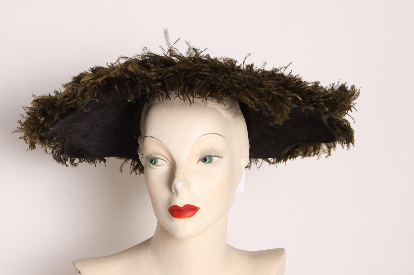 1930s Black Feather Wide Brim Mourning Formal Hat by Frost Bros