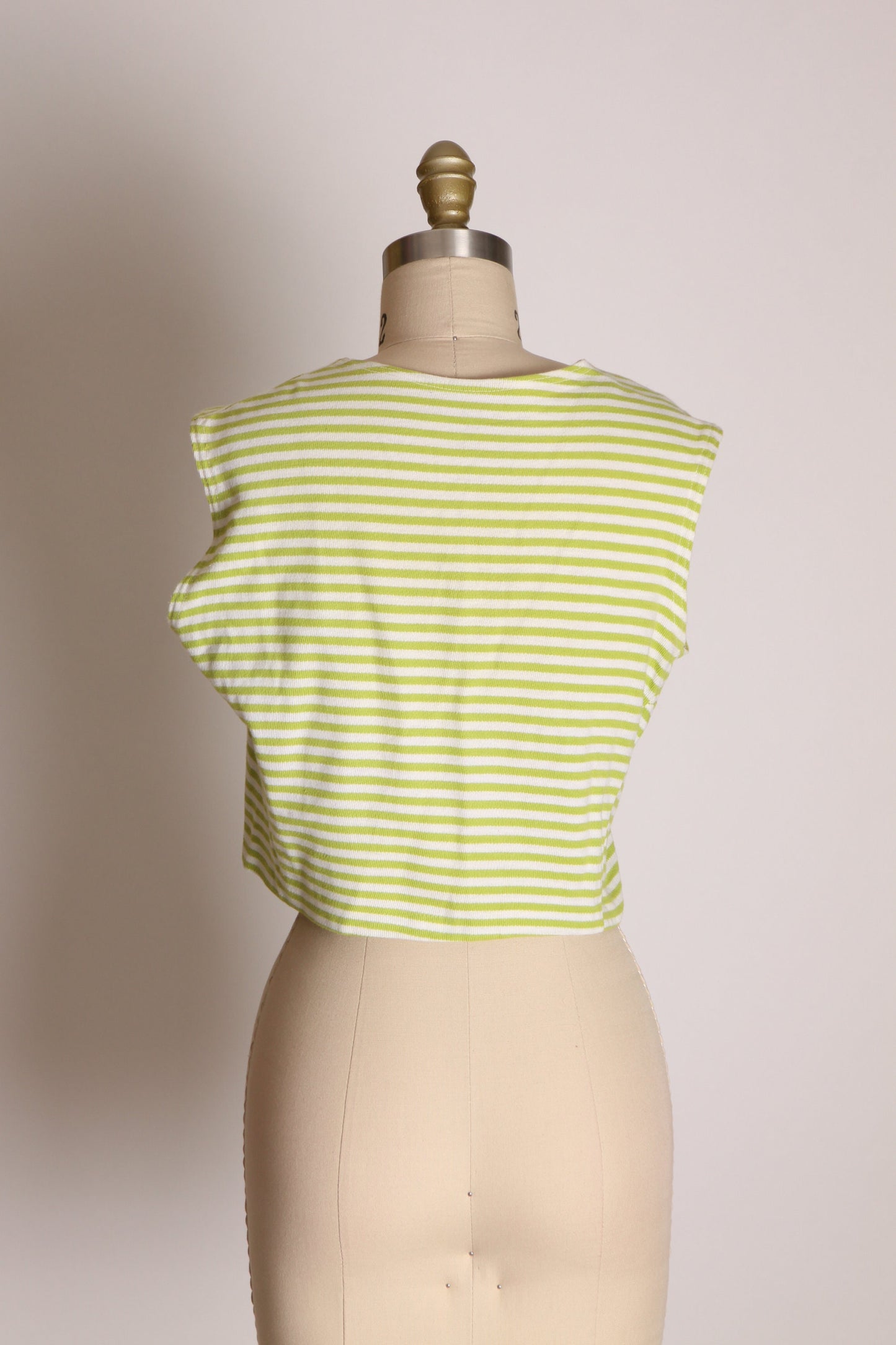 1950s Green and White Striped Knit Gold Button Sleeveless Crop Top Blouse -S