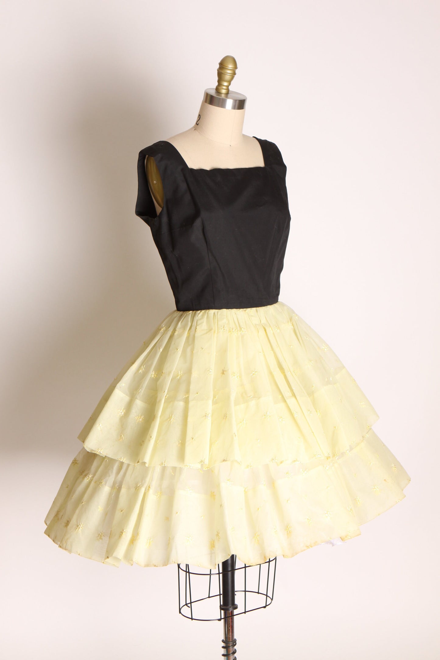 1950s Black Cotton Sleeveless Bodice Sheer Cream Yellow Tiered Ruffle Dress -S