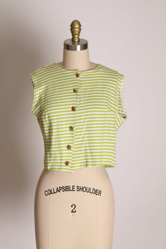 1950s Green and White Striped Knit Gold Button Sleeveless Crop Top Blouse -S