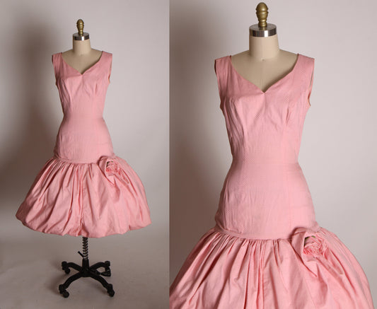 1950s Pink Drop Waist Mermaid Flare Hem Sleeveless Formal Cocktail Flower Detail Bubble Hem Dress -XS