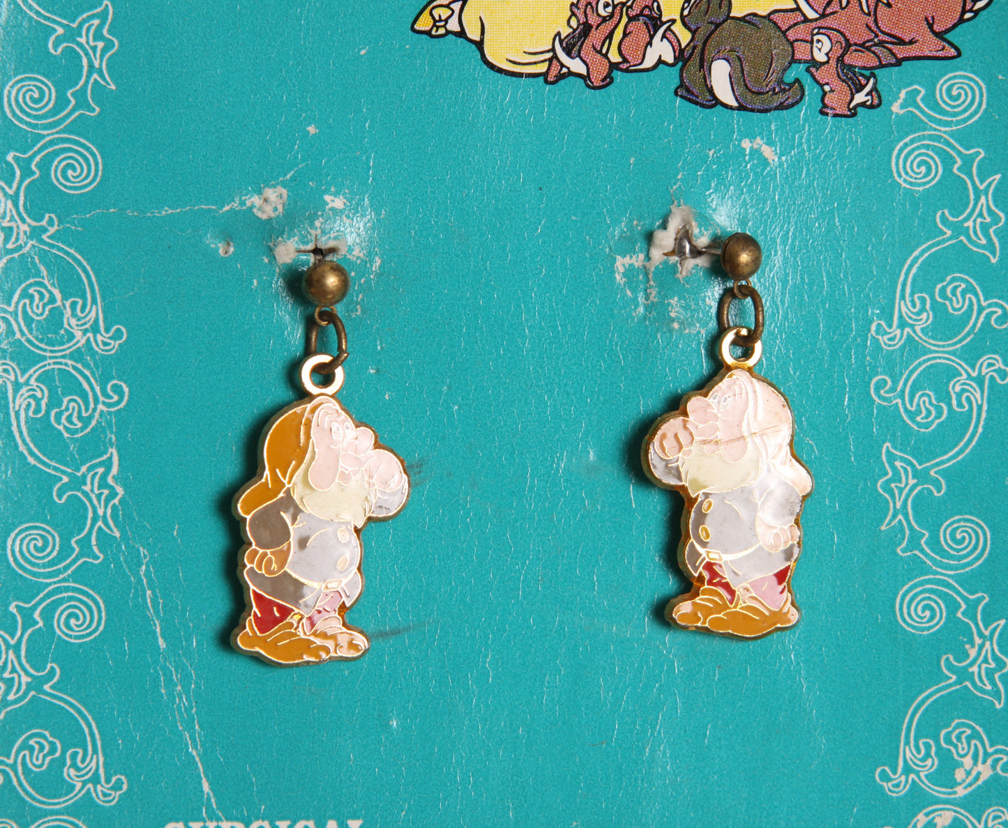 Deadstock 1990s Snow White Doc Metal Dangling Disney Costume Jewelry Earrings