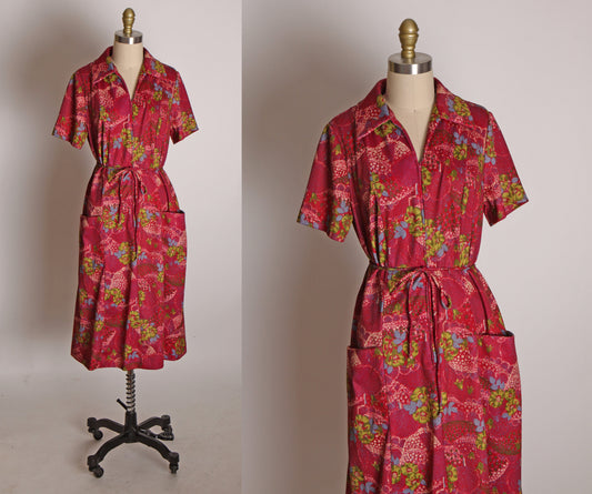 1970s Burgundy, Green and Blue Floral Print Short Sleeve Dress by Ann Steven -L