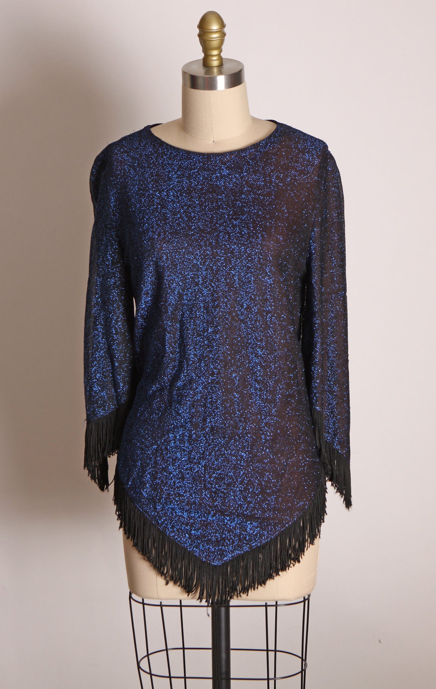 1960s Blue and Black Metallic Lurex Woven 3/4 Length Sleeve Fringe Shirt Blouse -S