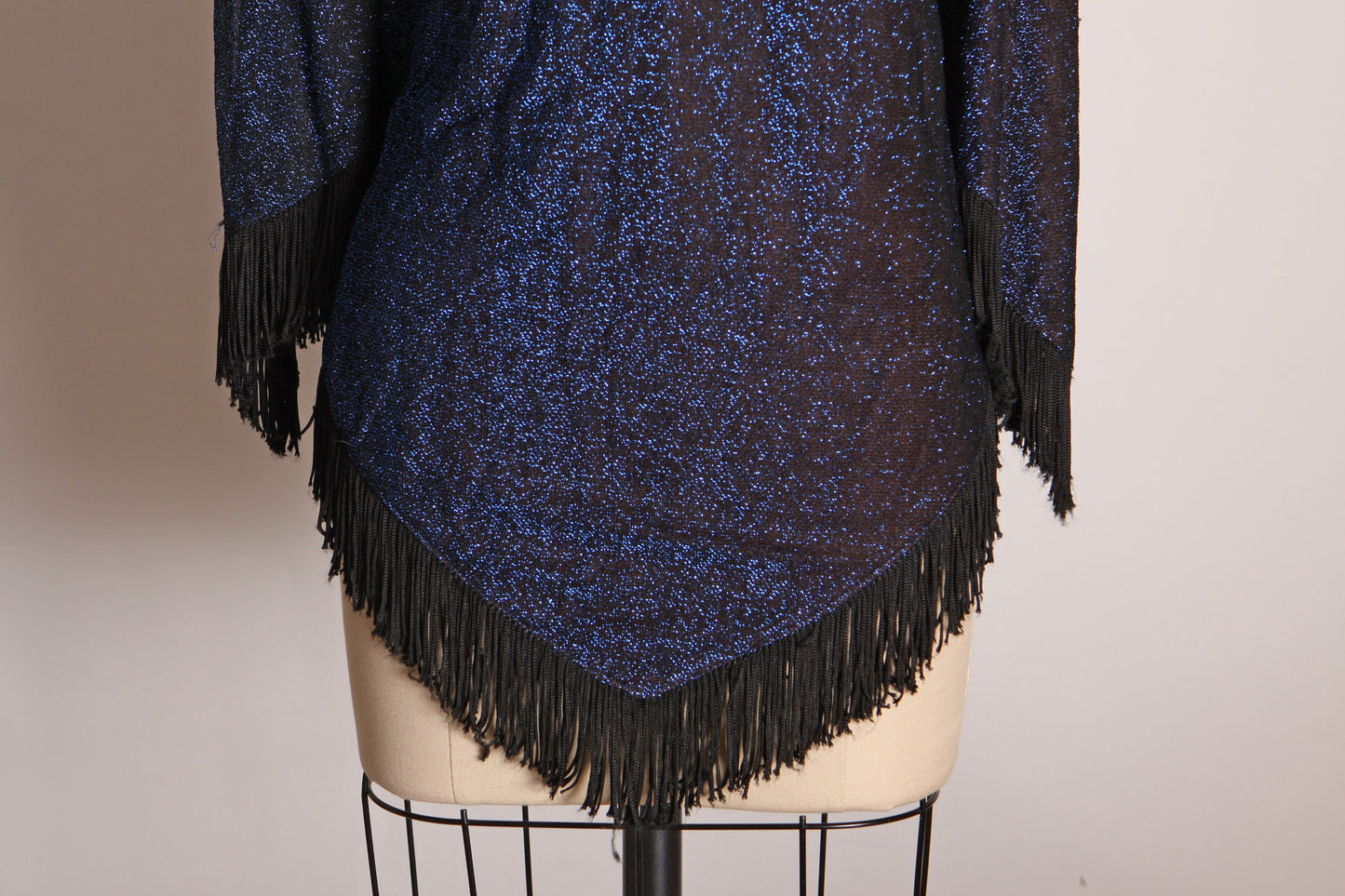 1960s Blue and Black Metallic Lurex Woven 3/4 Length Sleeve Fringe Shirt Blouse -S