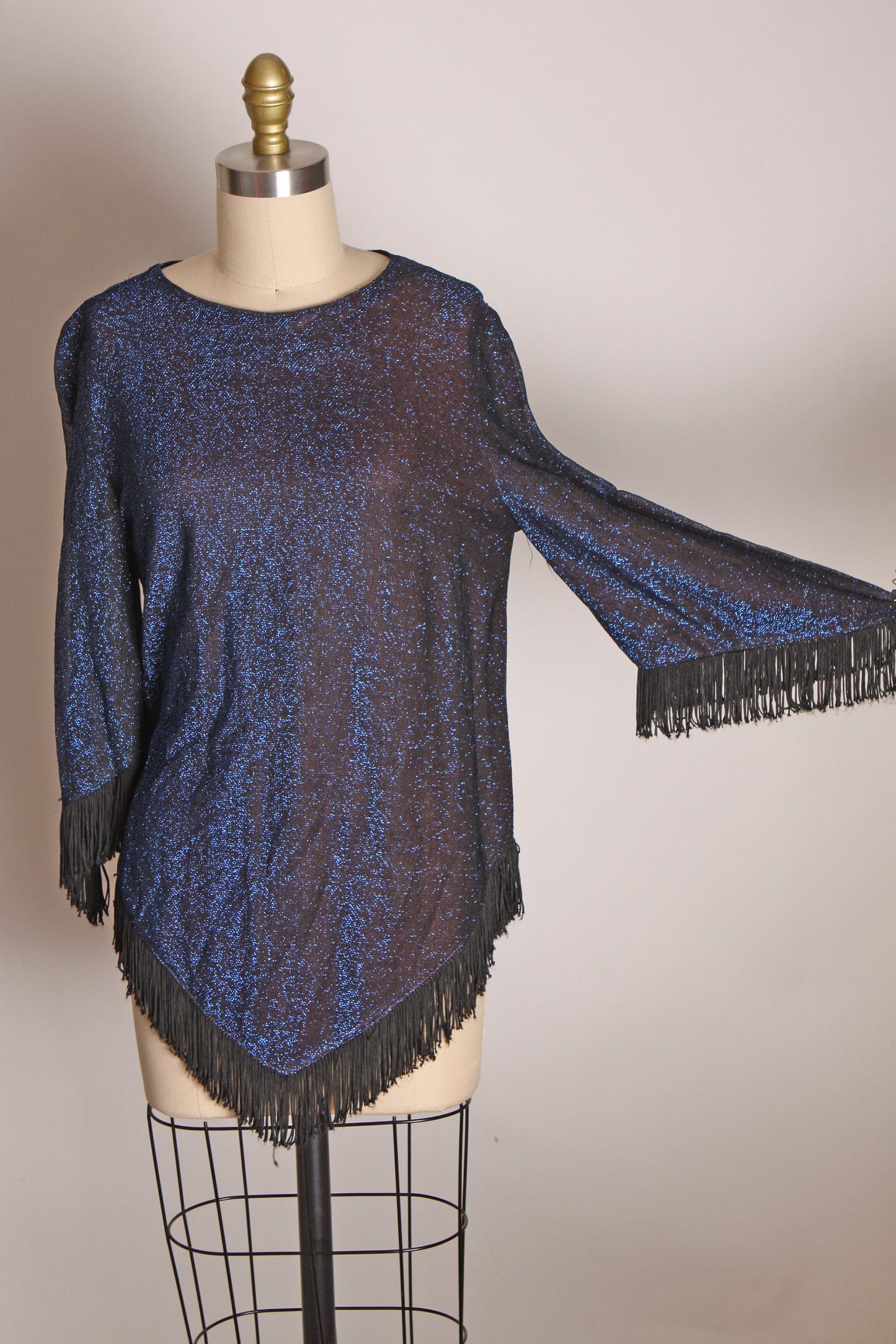 1960s Blue and Black Metallic Lurex Woven 3/4 Length Sleeve Fringe Shirt Blouse -S