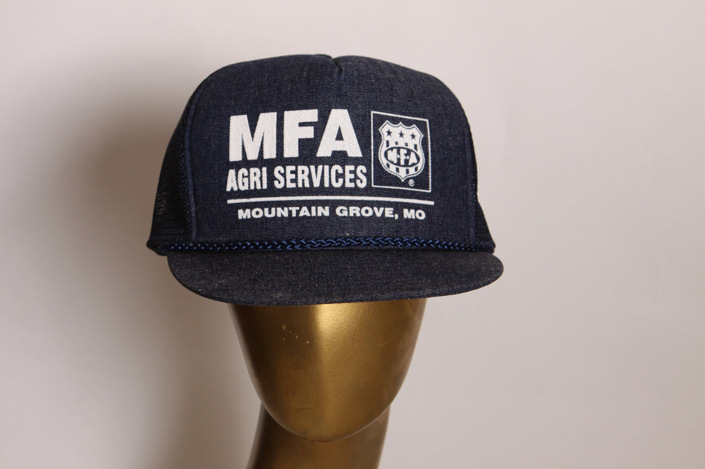 1970s Denim Style Blue and White MFA Agri Services Mountain Grove Missouri Trucker Hat Ball Cap by Nissin