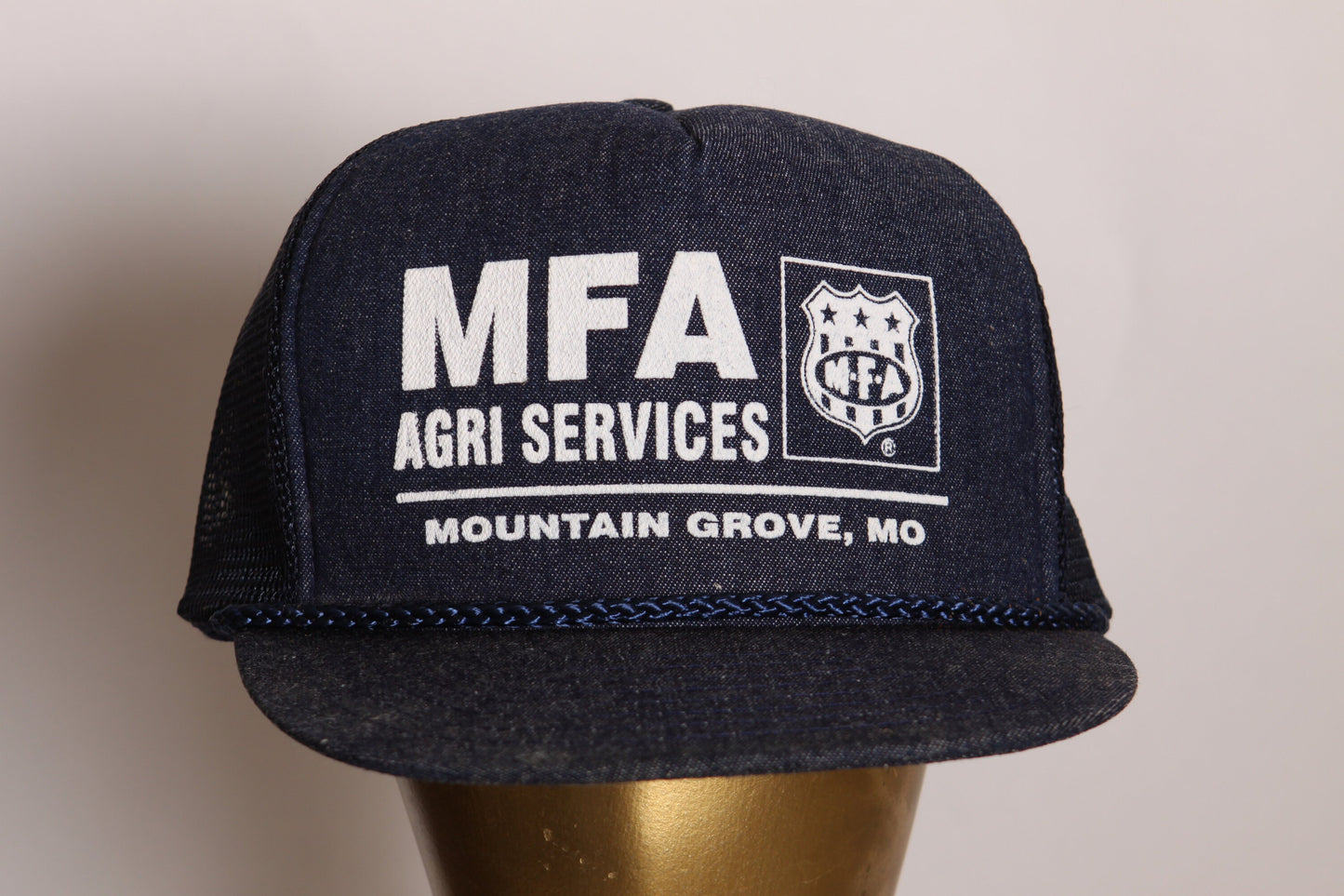 1970s Denim Style Blue and White MFA Agri Services Mountain Grove Missouri Trucker Hat Ball Cap by Nissin