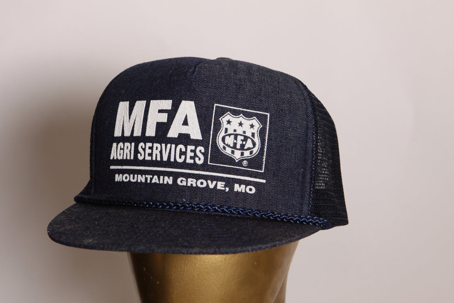 1970s Denim Style Blue and White MFA Agri Services Mountain Grove Missouri Trucker Hat Ball Cap by Nissin