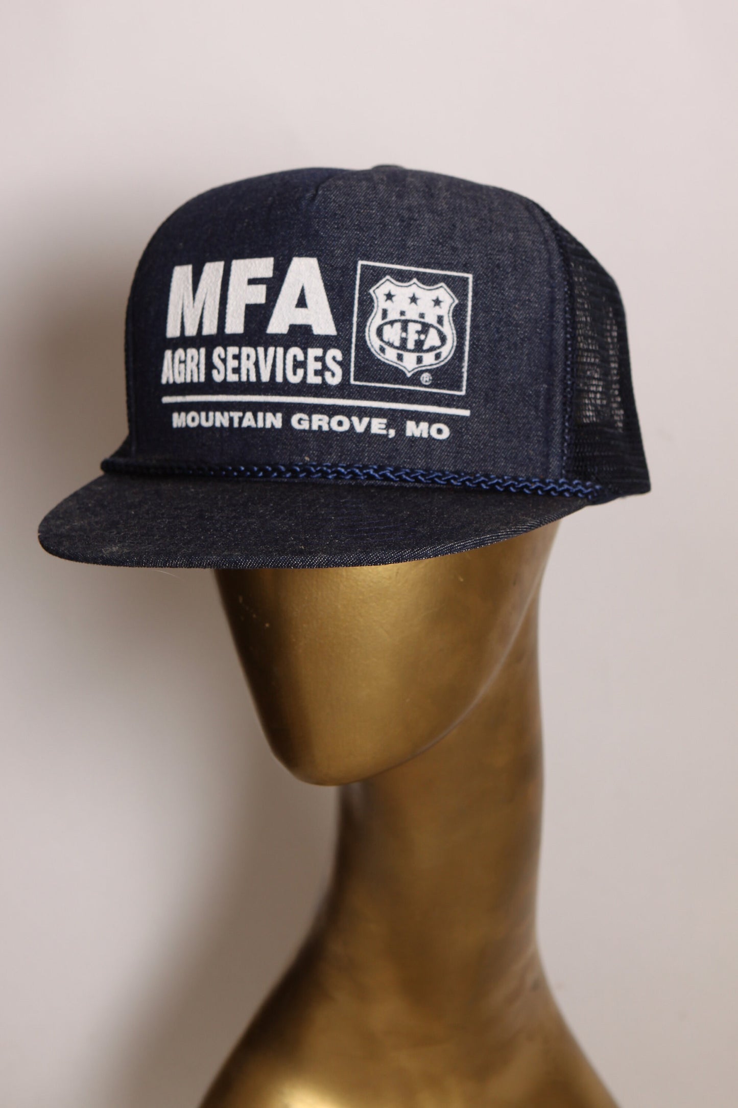 1970s Denim Style Blue and White MFA Agri Services Mountain Grove Missouri Trucker Hat Ball Cap by Nissin