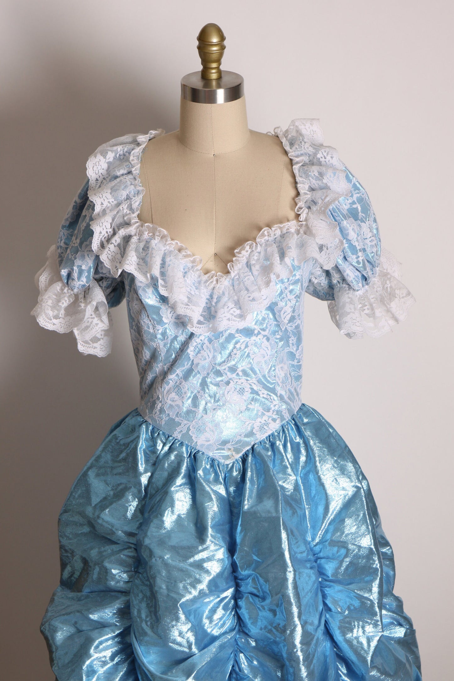 1970s Victorian Style Metallic Blue and White Ruffle Gathered Frilly Lace Full Length Pageant Princess Prom Dress by Loralie Original -XS