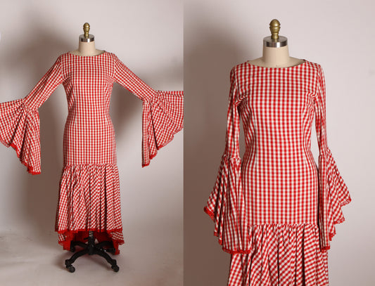 Early 1960s Red White Gingham Long Angel Sleeve Ankle Length Flamenco Style Spanish Cottagecore Prairie Dress by Tachi Castillo -XS