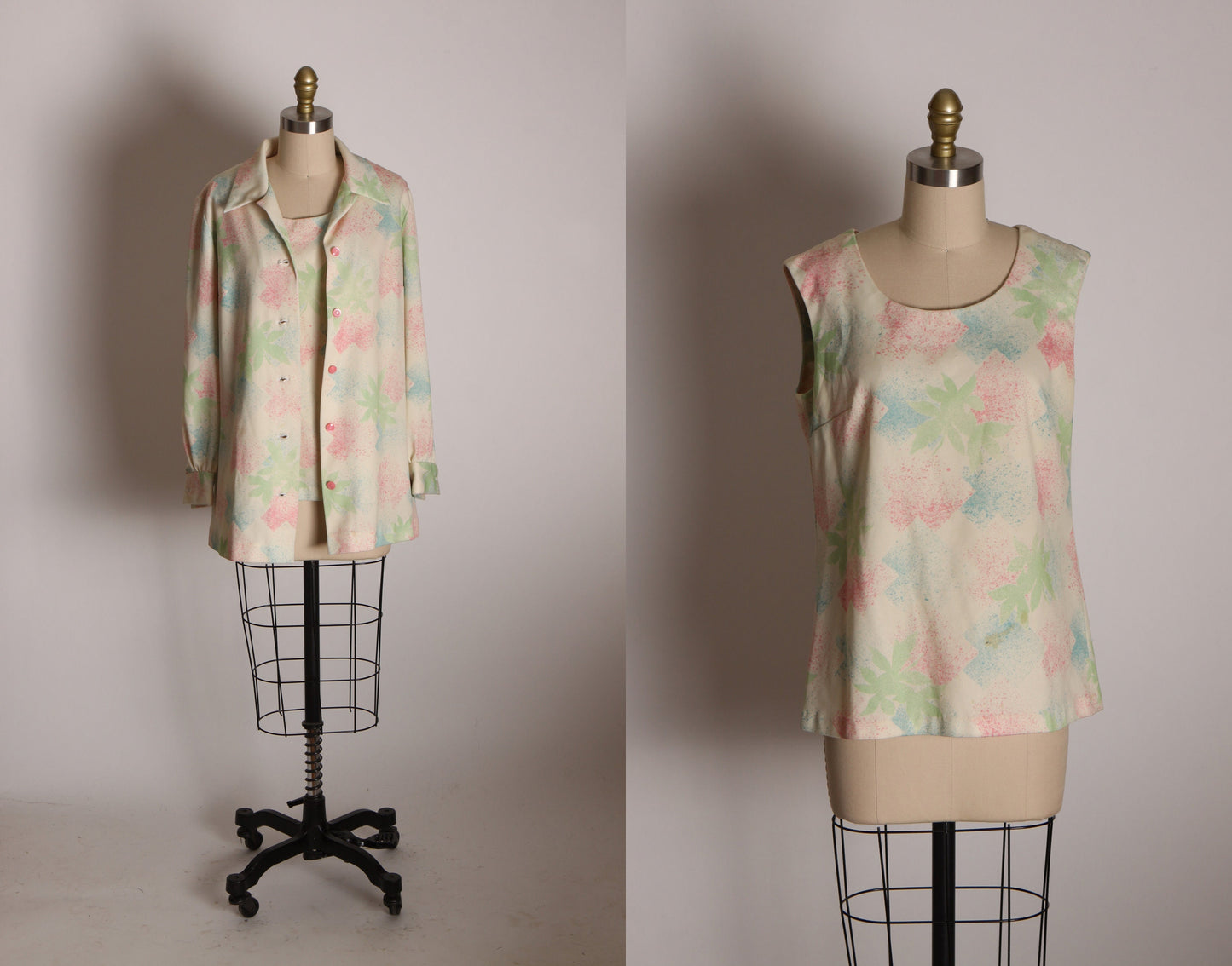 1970s Cream, Pink, Blue and Green Floral Leaf Print Polyester Sleeveless Blouse with Matching Button Up Long Sleeve Jacket Two Piece