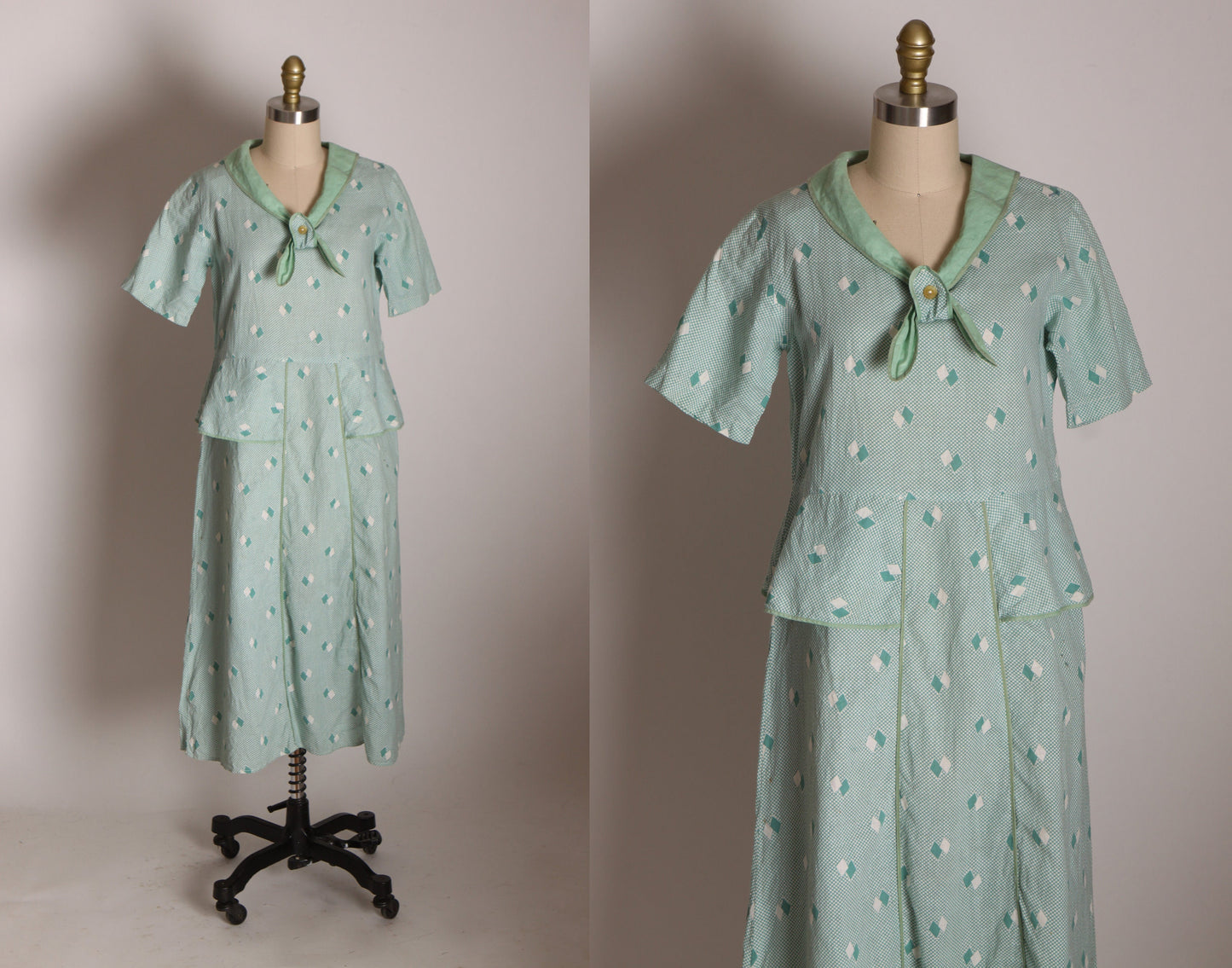 1930s Mint Green Blue and Cream Short Sleeve Bow Neckline Peplum Waist Diamond Shape Feedsack Dress -M